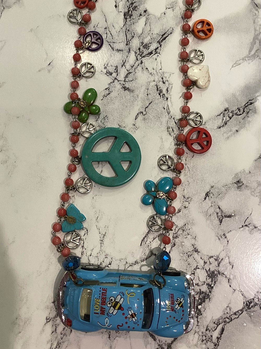 Boho Multi-Color Peace Sign and Flower Beaded Necklace With Antique VW Beetle